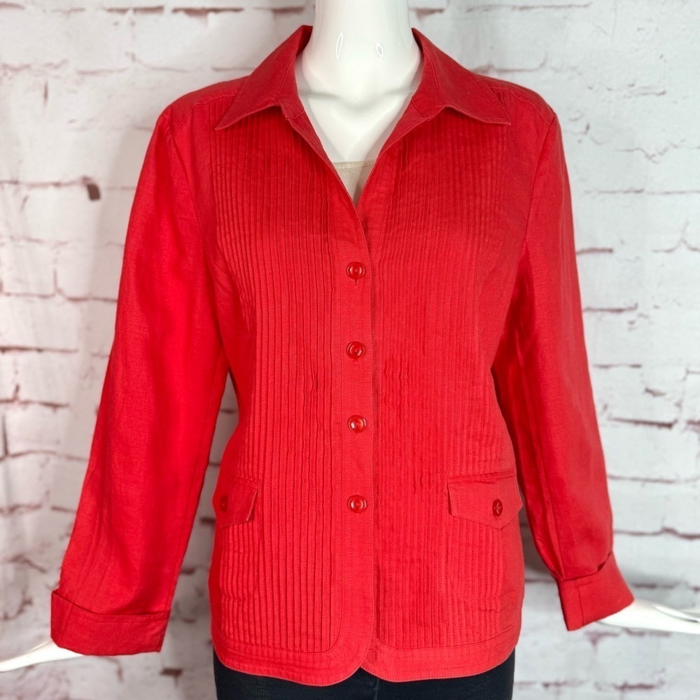 JONES NY 14P Petite Reddish Orange 100% Linen Pin Tuck Design Blazer Jacket - Picture 3 of 11